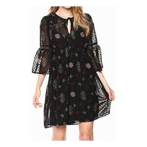Lucky Brand Semi-sheer Swiss Dot Floral A-line Dress Medium Lace Bell Sleeve